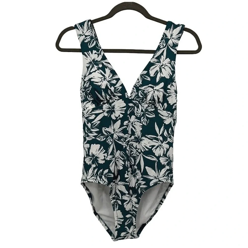 Kona Sol One Piece Swimsuit NWT Floral High Coverage Teal White Size Small
